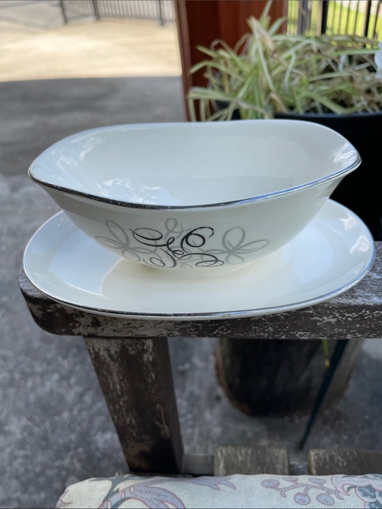 Other - Vintage Elegant White Ceramic serving Bowl with Silver Trim and salad bowl